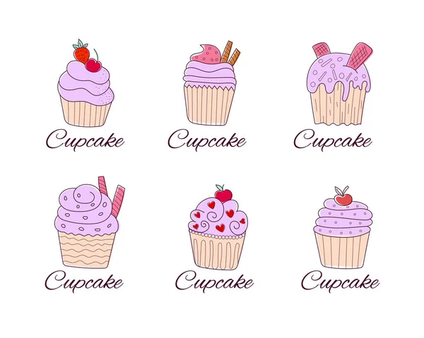かわいいベクトルカップケーキとヨーグルトのロゴの種類のアイコンのセットドアスタイル ベクターグラフィックス