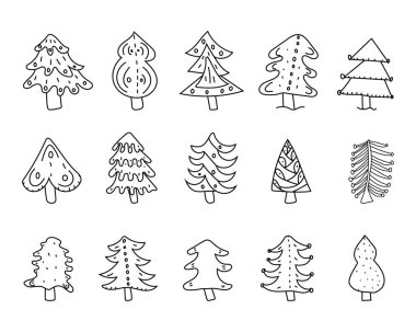 El çizimi Noel ağaçları. Noel ağaçlarının soyut karalama çizimleri. Vektör sanatı illüstrasyonu