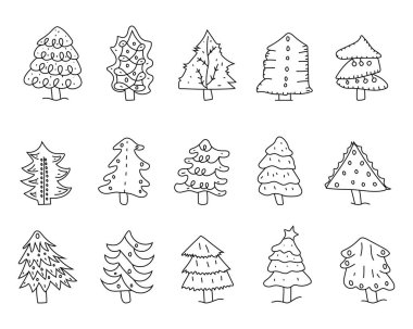 El çizimi Noel ağaçları. Noel ağaçlarının soyut karalama çizimleri. Vektör sanatı illüstrasyonu