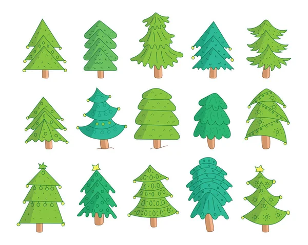 Cor Verde Mão Desenhada Alegre Coleção Árvore Natal — Vetor de Stock