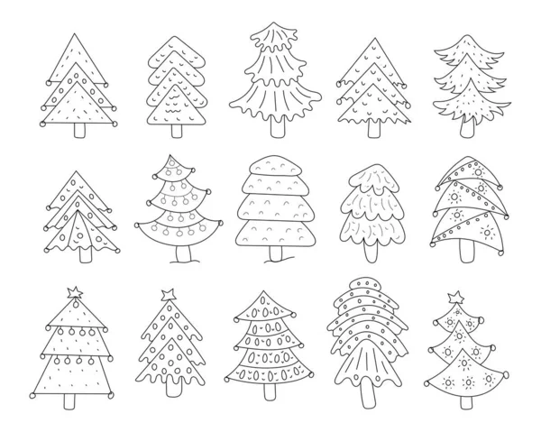 Handgezeichnete Linie Kunst Frohe Weihnachtsbaum Sammlung — Stockvektor