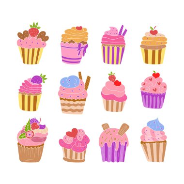 Renkli ve lezzetli kapkek çeşitleri ve yoğurt çizimleri