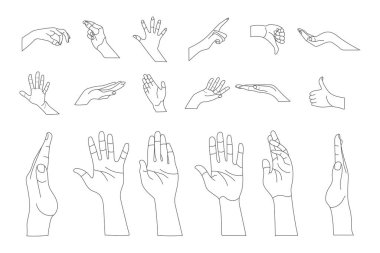 İnsan el hareketi seti, en az çizgi sanat çizimleri, tamam, başparmağınızı kaldırın ve işaret edin.