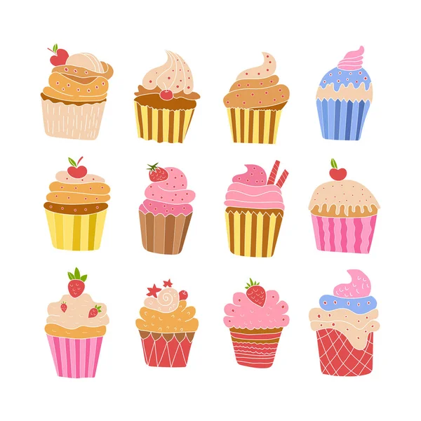 Vielfalt Bunten Und Köstlichen Cupcakes Und Joghurt Illustrationen — Stockvektor