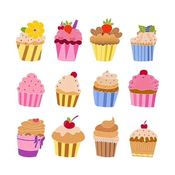Ποικιλία Από Πολύχρωμα Και Νόστιμα Cupcakes Και Γιαούρτι Εικονογραφήσεις — Διανυσματικό Αρχείο