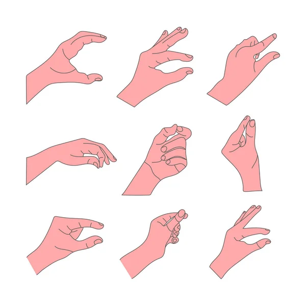 Human Hand Gestures Set Minimal Line Art Illustrations Thumb Pointing — Stock Vector