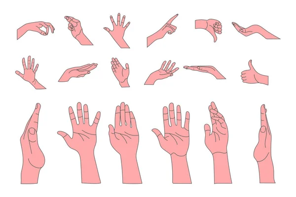 Menschliche Handgesten Gesetzt Minimale Zeilenkunst Illustrationen Daumen Hoch Und Zeigefinger — Stockvektor