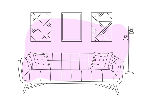 Doodle Sketch Living Room Sofa Line Drawing Home Decoration Vector — Stock Vector