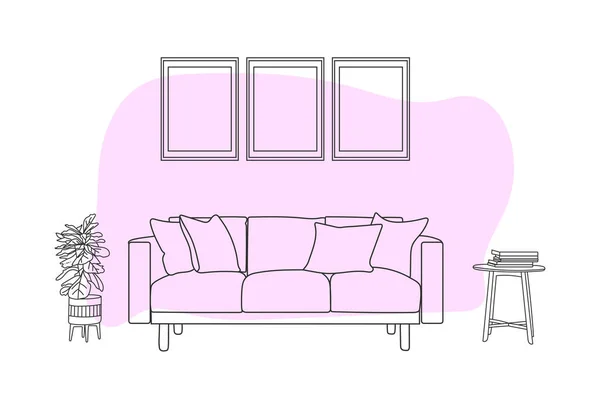 Doodle Sketch Living Room Sofa Line Drawing Home Decoration Vector — Stock Vector