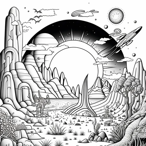 cartoon illustration of a fantasy scene with a moon and a mountain landscape
