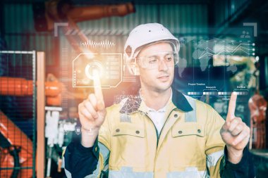advance industry engineer male using hologram graphics interface for modern technology industrial concept