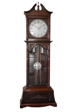 Grandfather Clock. old wooden tall large home clock vintage style isolated on white background.