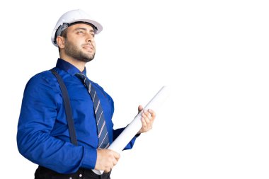 Hintli İspanyol erkek mimar proje tasarımcısı beyaz arka planda izole edilmiş gururlu iş adamı.