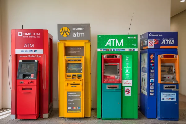 Automated Teller Machines Atm Money Service Different Colors Brands Thai — Foto Stock