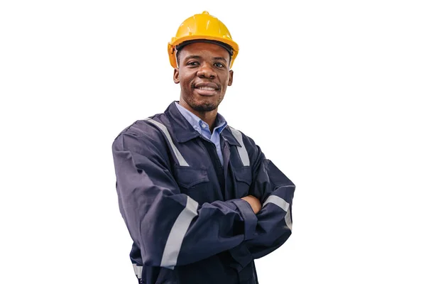 Retrato Africano Engenheiro Preto Líder Trabalhador Terno Segurança Braço Confiante — Fotografia de Stock