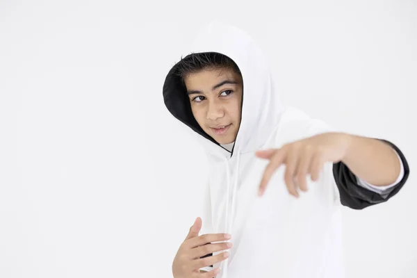 Молодий Хлопчик Підліток Хіп Хоп Танцює Дію Білому Тлі — стокове фото