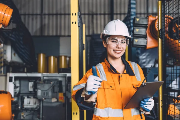 Engineer Woman Thumbs Working Safety Modern Automation Factory Happy Smiling — Stock Photo, Image