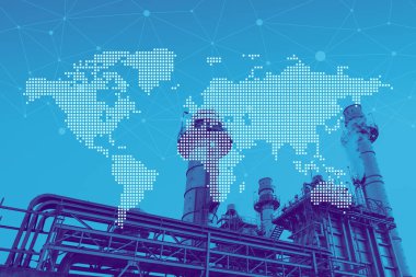 Enerji santrali petrol petrol kimya fabrikası dünya çapında iş dünyası lojistik konsepti için dünya haritasını örtüyor.