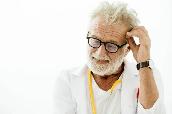 Senior Elderly Doctor Scientist Stressful Unsolved Problem Thinking Gesture Closeup — Stock Photo, Image