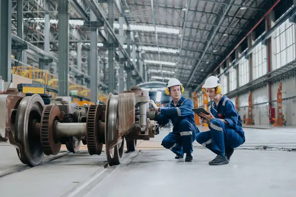 Ingenieur Team Werken Onderhoud Service Fix Vervangen Treinwiel Locomotief Trein — Stockfoto