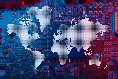 Digital Circuit Board overlay with world map for Global Microprocessor computer chips trade distribution and logistic concept clipart