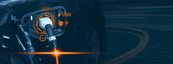 Аккумулятор автомобиля EV зарядки современной технологии постоянного тока высокоскоростной автомобиль с зеленой энергией экологической мощности и нулевой эмиссии широкий для баннерного фона.
