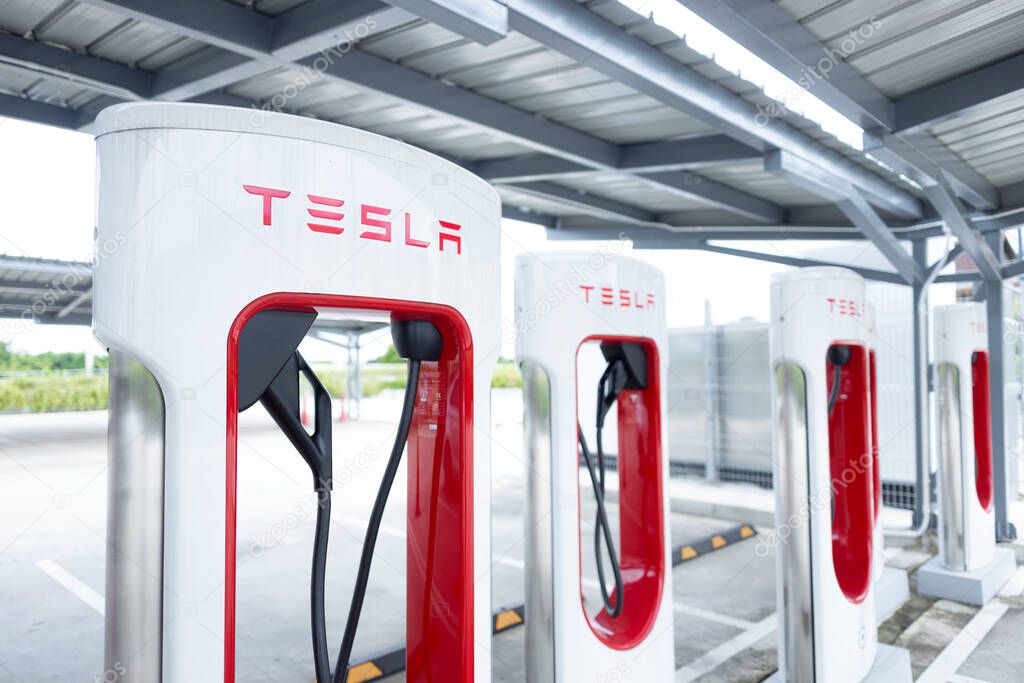 Tesla Supercharger 250 kW dock station for high speed tesla brand ev car batter charge open service in Bangkok,THAILAND, November 09 2023.