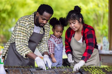 Afrikalı siyahi çocuk, ailesiyle birlikte tarım çiftliğinde küçük ağaç yetiştirme oyunu oynuyor. Çocuklar baba anne doğa sever oganik çiftçilik.