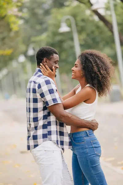 Treffit Pari Mies Nainen Ystävänpäivä Afrikkalainen Musta Rakastaja Puistossa Ulkona — kuvapankkivalokuva