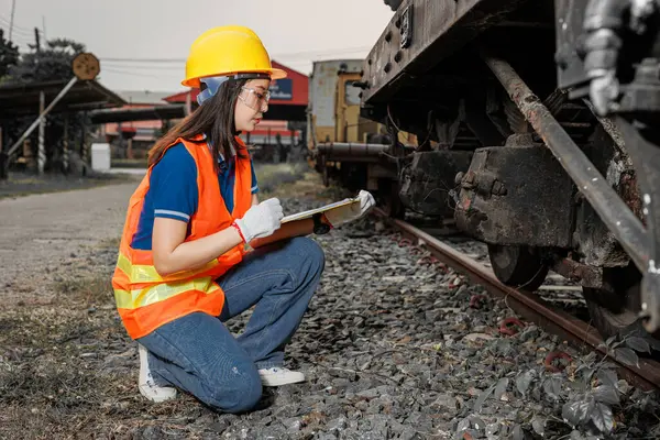 stock image engineer women worker servicing check train. young teen maintenance locomotive rail transport vehicle.
