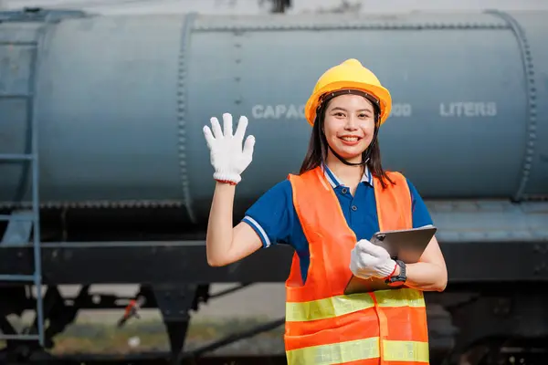 Portrait Asian Young Teen Engineer Worker Standing Happy Smile Outdoor Stock Image