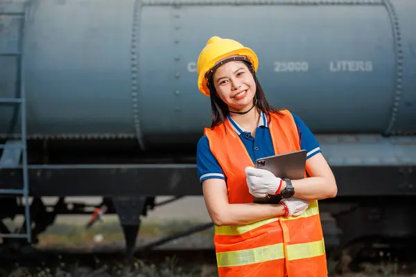 肖像列車の機関車技師 女性労働者 アジアの ティーン 楽しむ チェック サービス メンテナンス タブレット ストックフォト