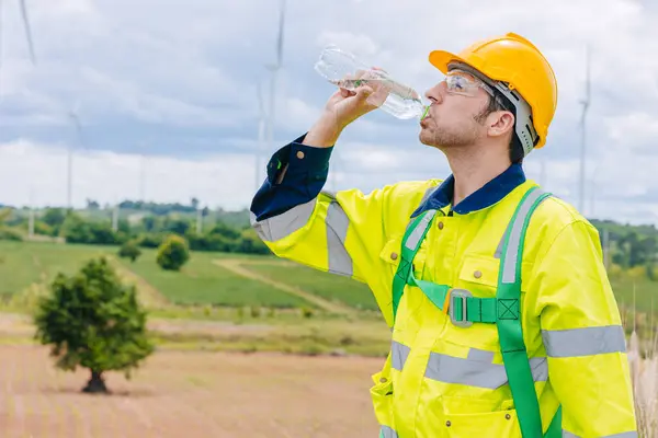 Engineer Worker Man Drinking Water Summer Hot Day Tired Worker Stock Image