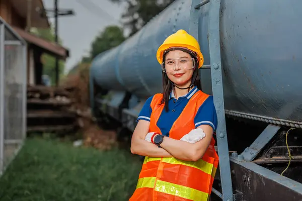 Portrait Train Locomotive Engineer Women Worker Happy Asian Young Teen Stock Picture