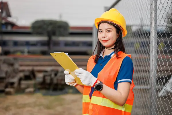 Portrait Asian Young Teen Engineer Worker Standing Happy Smile Outdoor Stock Photo