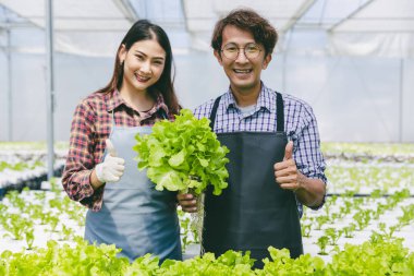 Mutlu çiftçi hidro çiftliğinde taze yeşil gıda fabrikası, modern temiz eko tarım endüstrisi konsepti