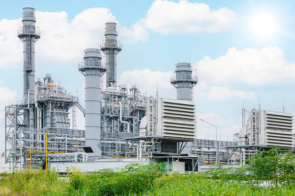 Combined Cycle Power Plant. Steam Turbine Modern Clean Power generator building. Large electricity industry.