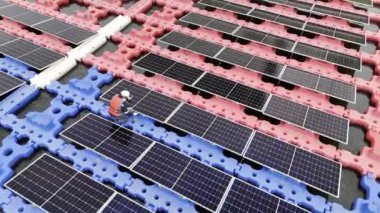 Mühendislik Servisi Yüzen Güneş Paneli hava görüntüsü 4K video kaydı. Profesyonel işçi, göl gölündeki güneş enerjisi çiftliğinin bakımını üstlendi..