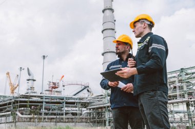 Dış mekanda çalışan mühendis ekibi, Surveyor ekip çalışması petrol boru hattı taşıma boru hattı ve rafineri endüstrisi için inşaat projesi.