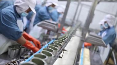 Yiyecek fabrikası çalışanları konserve balık fabrikasında balık paketliyor.