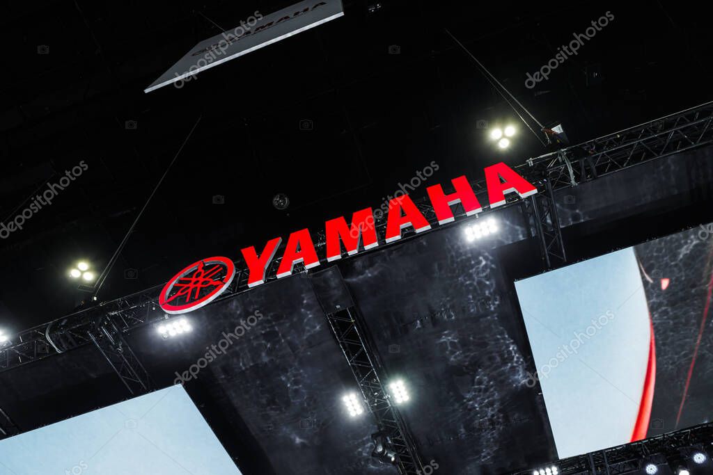 Yamaha Motor Japanese multinational motorcycles manufacturer booth logo brand in Thailand Motor EXPO. 26 March 2025, Bangkok, Thailand
