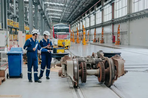 Tren lokomotifi mühendisi tren istasyonundaki bakım demiryolu raylarını teftiş ediyor mühendislik taşımacılığı endüstrisini ilerletiyor.