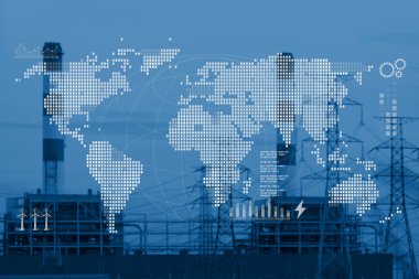 Boş Dünya haritası, dünya çapında enerji ticareti sunumu için mavi tonlu grafikler üzerine büyük endüstriyel enerji santrali arka planıyla örtüşür
