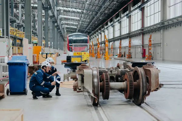 Tren lokomotifi mühendisi tren istasyonundaki bakım demiryolu raylarını teftiş ediyor mühendislik taşımacılığı endüstrisini ilerletiyor.