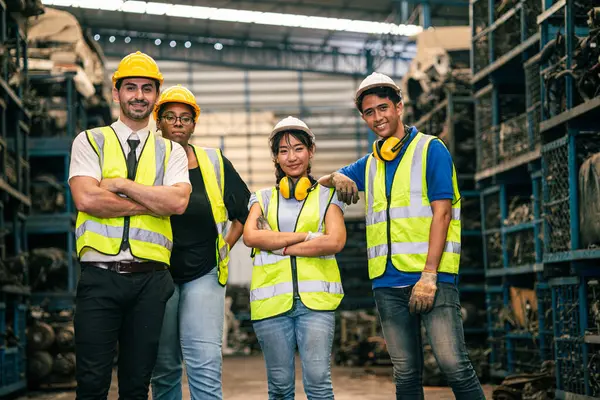 İşçi takımı birliği çok ırklı insanları birbirine karıştırıyor. İşyerindeki mühendis arkadaş fabrikada gülümsüyor.