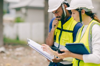 İnşaat mühendisi ustabaşı site yöneticisiyle sorun hakkında konuşurken sorun çözmeyi düşünüyor