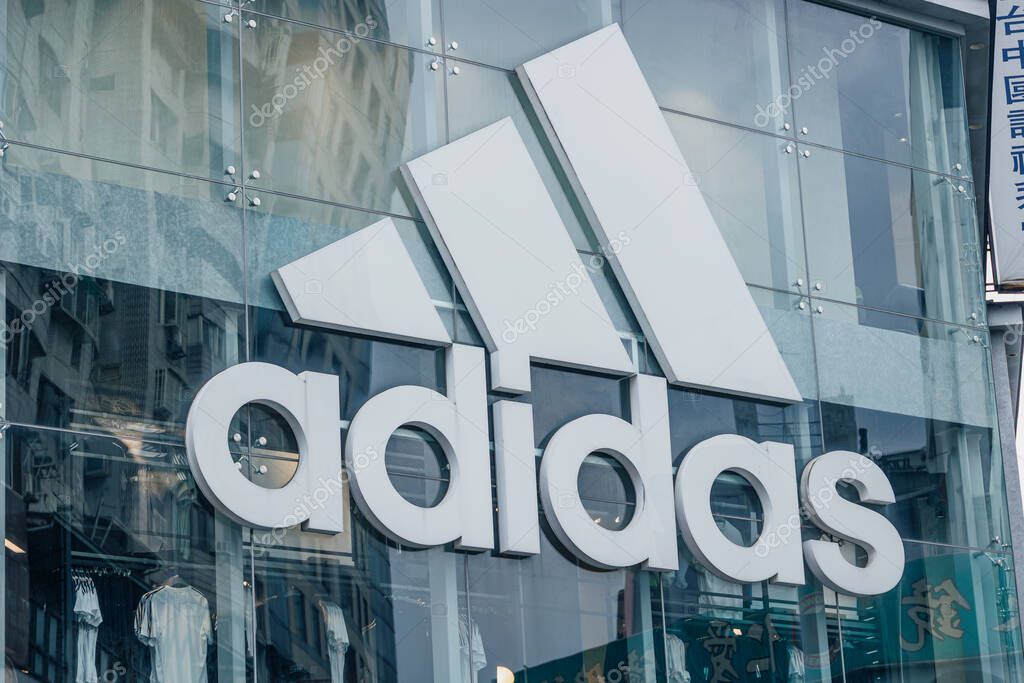 Chinese-Taipei. April 19 2025: Adidas retail store sign, sport shop at shopping all outlet. Adidas corporation brand logo