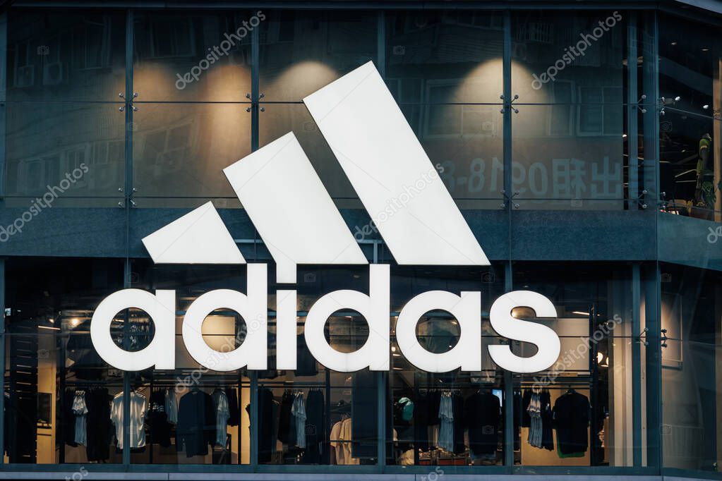 Chinese-Taipei. April 19 2025: Adidas retail store sign, sport shop at shopping all outlet. Adidas corporation brand logo