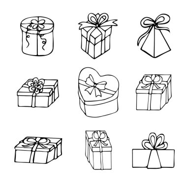 Hediye kutuları, özet çizimi, siyah beyaz taslak, el çizimi..