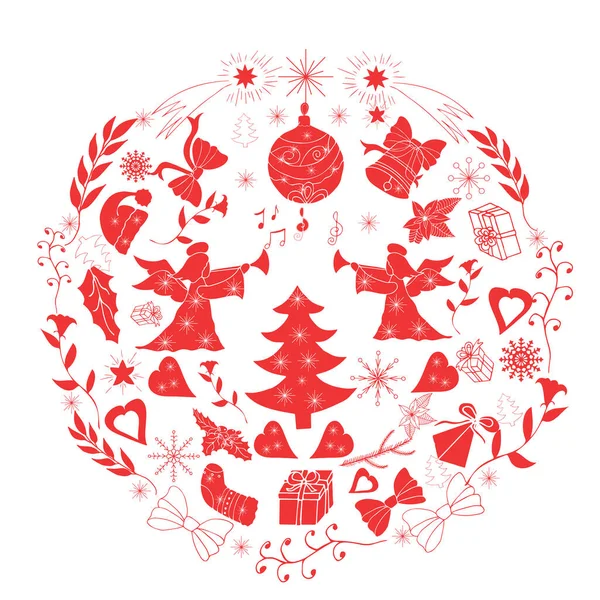 Grußkarte Für Neujahr Grußplakat Viele Dekorationselemente Kreis Weihnachtsbaum Engel Blumen — Stockvektor
